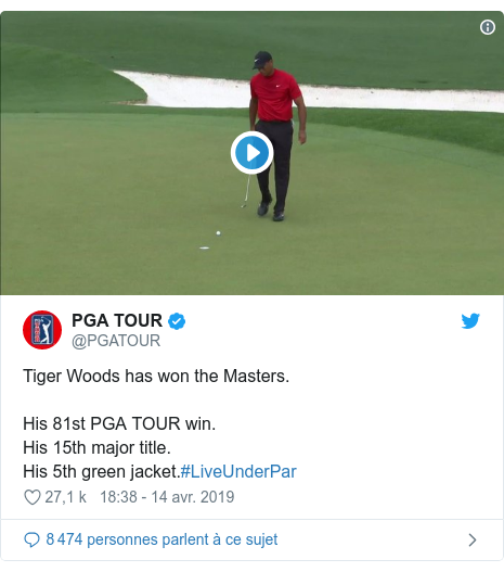 Twitter publication par @PGATOUR: Tiger Woods has won the Masters. His 81st PGA TOUR win.His 15th major title.His 5th green jacket.#LiveUnderPar 