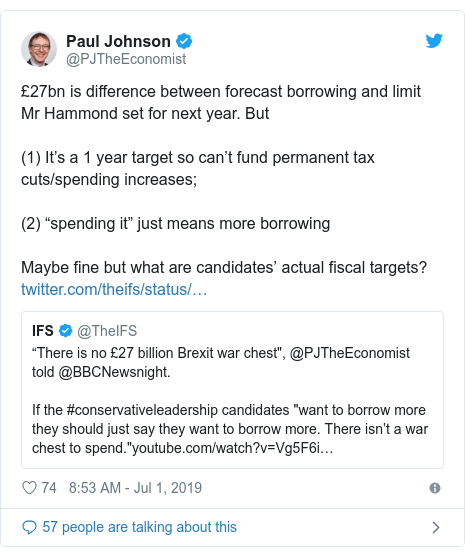 Twitter post by @PJTheEconomist: £27bn is difference between forecast borrowing and limit Mr Hammond set for next year. But (1) It’s a 1 year target so can’t fund permanent tax cuts/spending increases;(2) “spending it” just means more borrowing Maybe fine but what are candidates’ actual fiscal targets? 