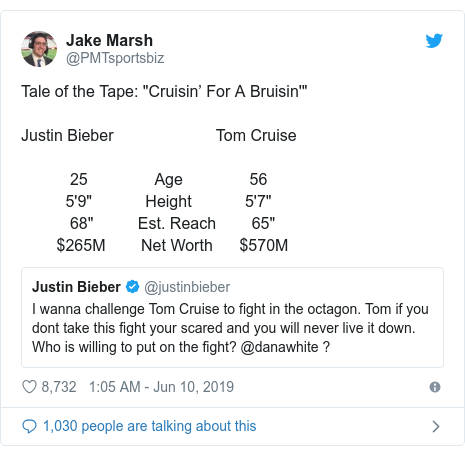 Twitter post by @PMTsportsbiz: Tale of the Tape  "Cruisin’ For A Bruisin'"Justin Bieber                       Tom Cruise           25               Age               56          5'9"            Height            5'7"           68"          Est. Reach        65"        $265M        Net Worth      $570M 
