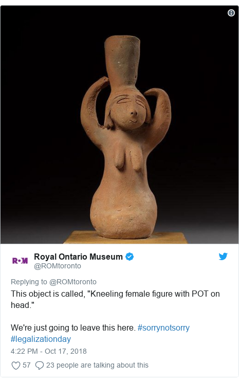 Twitter post by @ROMtoronto: This object is called, "Kneeling female figure with POT on head." We're just going to leave this here. #sorrynotsorry #legalizationday 