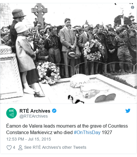 Twitter post by @RTEArchives: Éamon de Valera leads mourners at the grave of Countess Constance Markievicz who died #OnThisDay 1927 