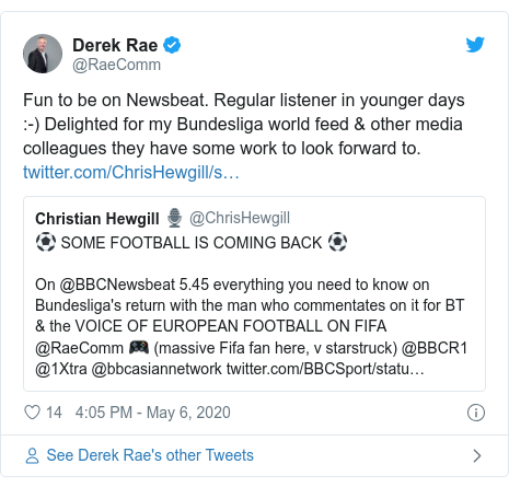 Twitter post by @RaeComm: Fun to be on Newsbeat. Regular listener in younger days  -) Delighted for my Bundesliga world feed & other media colleagues they have some work to look forward to. 