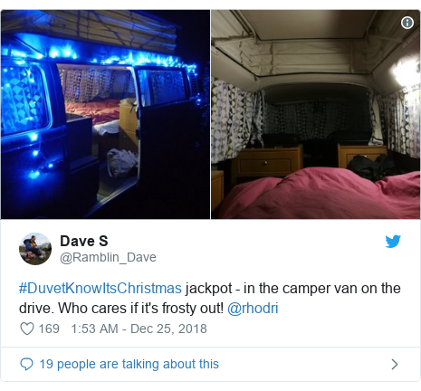 Twitter post by @Ramblin_Dave: #DuvetKnowItsChristmas jackpot - in the camper van on the drive. Who cares if it's frosty out! @rhodri 