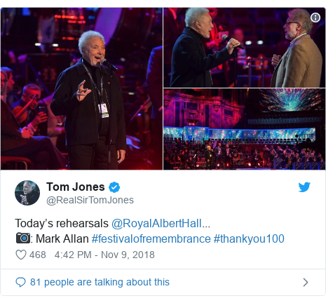 Twitter post by @RealSirTomJones: Today’s rehearsals @RoyalAlbertHall...📷  Mark Allan #festivalofremembrance #thankyou100 