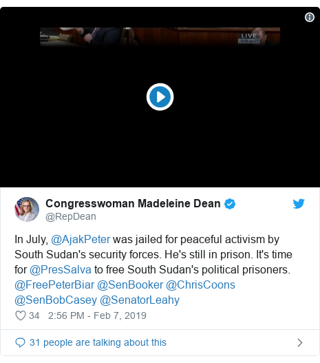 Twitter post by @RepDean: In July, @AjakPeter was jailed for peaceful activism by South Sudan's security forces. He's still in prison. It's time for @PresSalva to free South Sudan's political prisoners. @FreePeterBiar @SenBooker @ChrisCoons @SenBobCasey @SenatorLeahy 