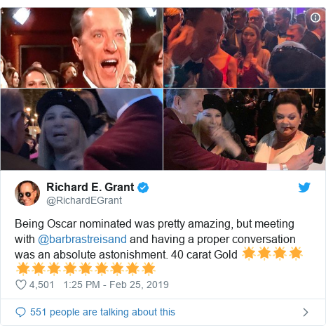 Twitter post by @RichardEGrant: Being Oscar nominated was pretty amazing, but meeting with @barbrastreisand and having a proper conversation was an absolute astonishment. 40 carat Gold 🌟🌟🌟🌟🌟🌟🌟🌟🌟🌟🌟🌟🌟 