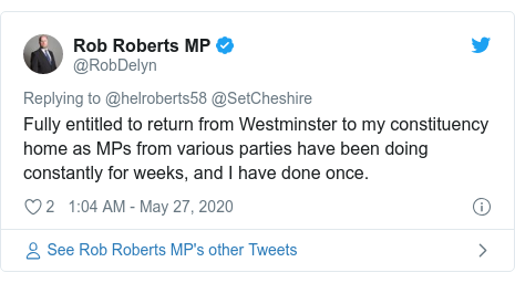 Twitter post by @RobDelyn: Fully entitled to return from Westminster to my constituency home as MPs from various parties have been doing constantly for weeks, and I have done once.