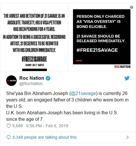 Twitter post by @RocNation: She'yaa Bin Abraham-Joseph (@21savage) is currently 26 years old, an engaged father of 3 children who were born in the U.S.U.K. born Abraham-Joseph has been living in the U.S. since the age of 7. 