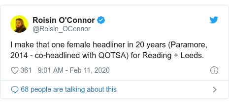 Twitter post by @Roisin_OConnor: I make that one female headliner in 20 years (Paramore, 2014 - co-headlined with QOTSA) for Reading + Leeds.