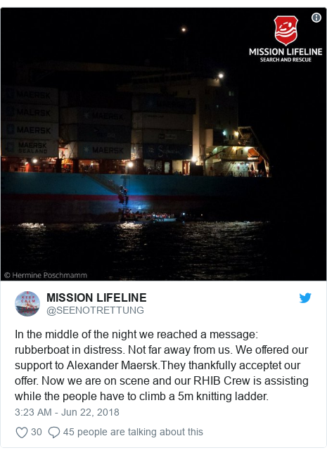 Twitter post by @SEENOTRETTUNG: In the middle of the night we reached a message  rubberboat in distress. Not far away from us. We offered our support to Alexander Maersk.They thankfully acceptet our offer. Now we are on scene and our RHIB Crew is assisting while the people have to climb a 5m knitting ladder. 