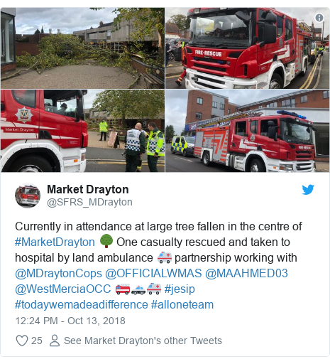 Twitter post by @SFRS_MDrayton: Currently in attendance at large tree fallen in the centre of #MarketDrayton 🌳 One casualty rescued and taken to hospital by land ambulance 🚑 partnership working with @MDraytonCops @OFFICIALWMAS @MAAHMED03 @WestMerciaOCC 🚒🚓🚑 #jesip #todaywemadeadifference #alloneteam 
