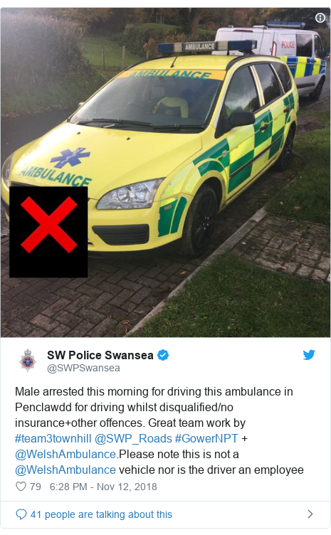 Twitter post by @SWPSwansea: Male arrested this morning for driving this ambulance in Penclawdd for driving whilst disqualified/no insurance+other offences. Great team work by #team3townhill @SWP_Roads #GowerNPT + @WelshAmbulance.Please note this is not a @WelshAmbulance vehicle nor is the driver an employee 