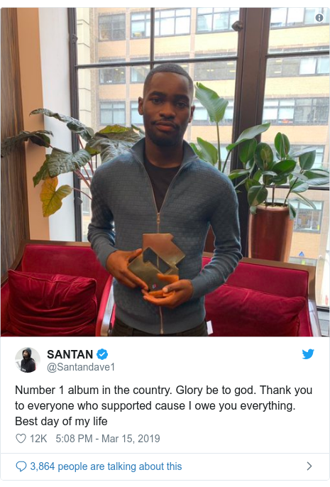 Twitter post by @Santandave1: Number 1 album in the country. Glory be to god. Thank you to everyone who supported cause I owe you everything. Best day of my life 