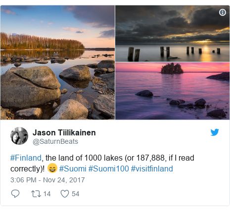 Twitter post by @SaturnBeats: #Finland, the land of 1000 lakes (or 187,888, if I read correctly)! 😄 #Suomi #Suomi100 #visitfinland 