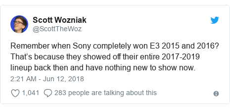 Twitter post by @ScottTheWoz: Remember when Sony completely won E3 2015 and 2016? That’s because they showed off their entire 2017-2019 lineup back then and have nothing new to show now.