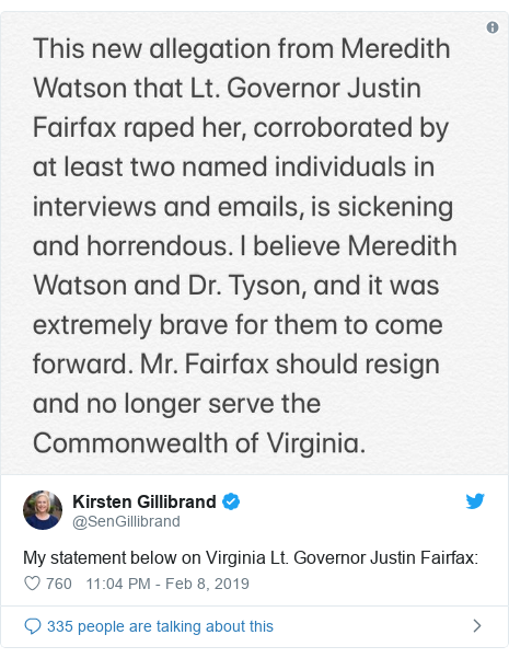 Twitter post by @SenGillibrand: My statement below on Virginia Lt. Governor Justin Fairfax  