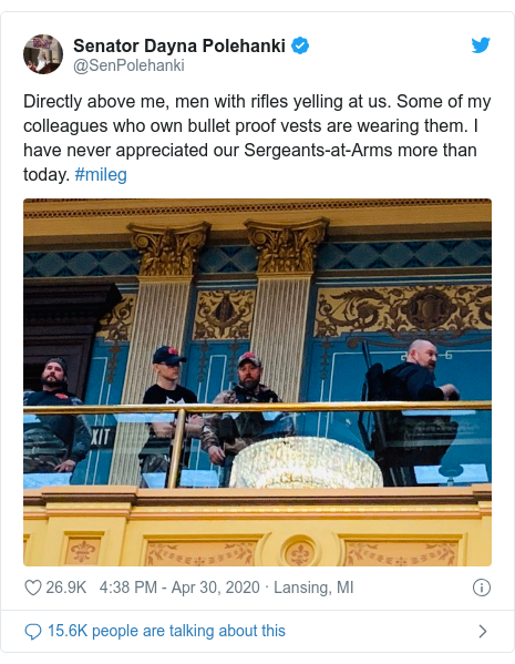 Twitter post by @SenPolehanki: Directly above me, men with rifles yelling at us. Some of my colleagues who own bullet proof vests are wearing them. I have never appreciated our Sergeants-at-Arms more than today. #mileg 