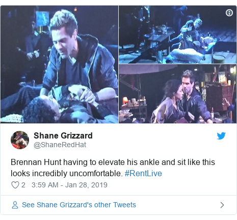 Twitter post by @ShaneRedHat: Brennan Hunt having to elevate his ankle and sit like this looks incredibly uncomfortable. #RentLive 