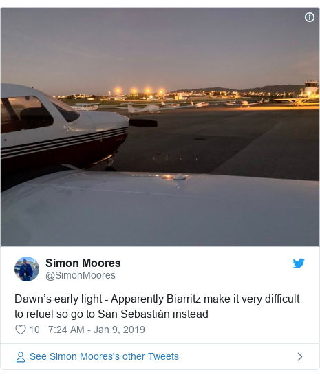 Twitter post by @SimonMoores: Dawn’s early light - Apparently Biarritz make it very difficult to refuel so go to San Sebastián instead 