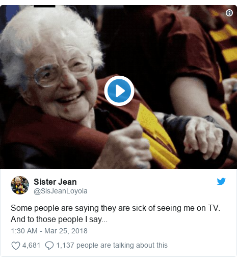 Twitter post by @SisJeanLoyola: Some people are saying they are sick of seeing me on TV. And to those people I say... 