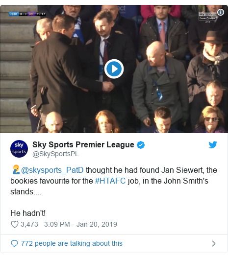 Twitter post by @SkySportsPL: 🤦‍♂️@skysports_PatD thought he had found Jan Siewert, the bookies favourite for the #HTAFC job, in the John Smith's stands.... He hadn't! 