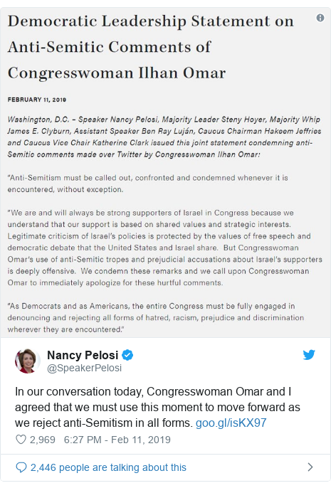 Twitter post by @SpeakerPelosi: In our conversation today, Congresswoman Omar and I agreed that we must use this moment to move forward as we reject anti-Semitism in all forms.  
