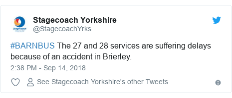 Twitter post by @StagecoachYrks: #BARNBUS The 27 and 28 services are suffering delays because of an accident in Brierley.