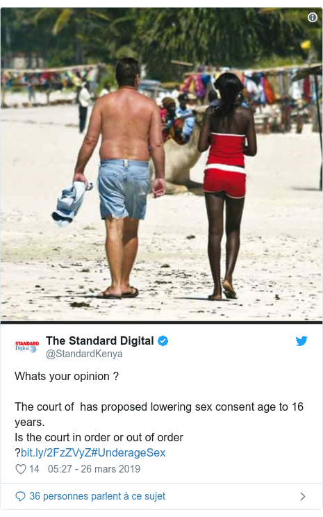 Twitter publication par @StandardKenya: Whats your opinion ?The court of  has proposed lowering sex consent age to 16 years.Is the court in order or out of order ?#UnderageSex 