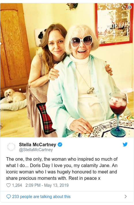 Twitter post by @StellaMcCartney: The one, the only, the woman who inspired so much of what I do... Doris Day I love you, my calamity Jane. An iconic woman who I was hugely honoured to meet and share precious moments with. Rest in peace x 