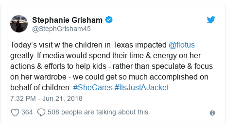 Twitter post by @StephGrisham45: Today’s visit w the children in Texas impacted @flotus greatly. If media would spend their time & energy on her actions & efforts to help kids - rather than speculate & focus on her wardrobe - we could get so much accomplished on behalf of children. #SheCares #ItsJustAJacket
