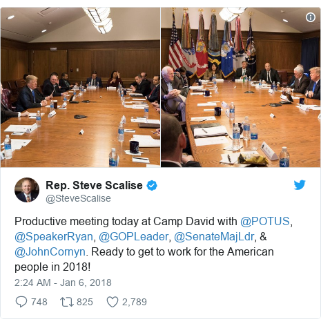 Twitter post by @SteveScalise: Productive meeting today at Camp David with @POTUS, @SpeakerRyan, @GOPLeader, @SenateMajLdr, & @JohnCornyn. Ready to get to work for the American people in 2018! 
