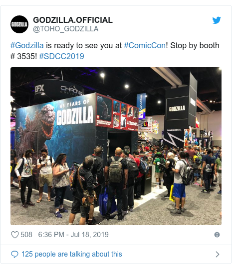 Twitter post by @TOHO_GODZILLA: #Godzilla is ready to see you at #ComicCon! Stop by booth # 3535! #SDCC2019 