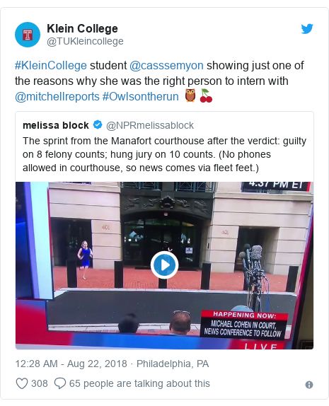 Twitter post by @TUKleincollege: #KleinCollege student @casssemyon showing just one of the reasons why she was the right person to intern with @mitchellreports #Owlsontherun 🦉🍒 