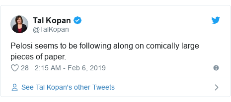 Twitter post by @TalKopan: Pelosi seems to be following along on comically large pieces of paper.