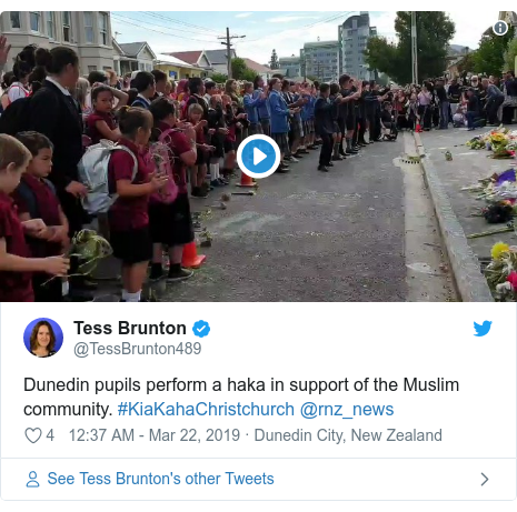 Twitter post by @TessBrunton489: Dunedin pupils perform a haka in support of the Muslim community. #KiaKahaChristchurch @rnz_news 