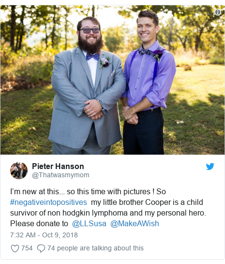 Twitter post by @Thatwasmymom: I’m new at this... so this time with pictures ! So #negativeintopositives  my little brother Cooper is a child survivor of non hodgkin lymphoma and my personal hero. Please donate to  @LLSusa  @MakeAWish 
