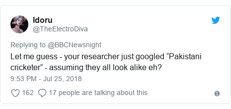Twitter post by @TheElectroDiva: Let me guess - your researcher just googled “Pakistani cricketer” - assuming they all look alike eh?