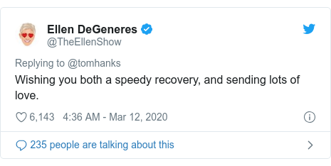 Twitter post by @TheEllenShow: Wishing you both a speedy recovery, and sending lots of love.
