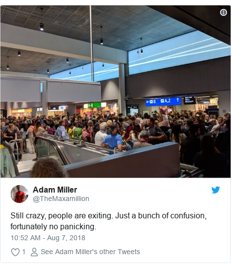 Twitter post by @TheMaxamillion: Still crazy, people are exiting. Just a bunch of confusion, fortunately no panicking. 