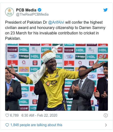 د @TheRealPCBMedia په مټ ټویټر  تبصره : President of Pakistan Dr @ArifAlvi will confer the highest civilian award and honourary citizenship to Darren Sammy on 23 March for his invaluable contribution to cricket in Pakistan. 