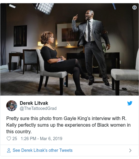 Twitter post by @TheTattooedGrad: Pretty sure this photo from Gayle King’s interview with R. Kelly perfectly sums up the experiences of Black women in this country. 
