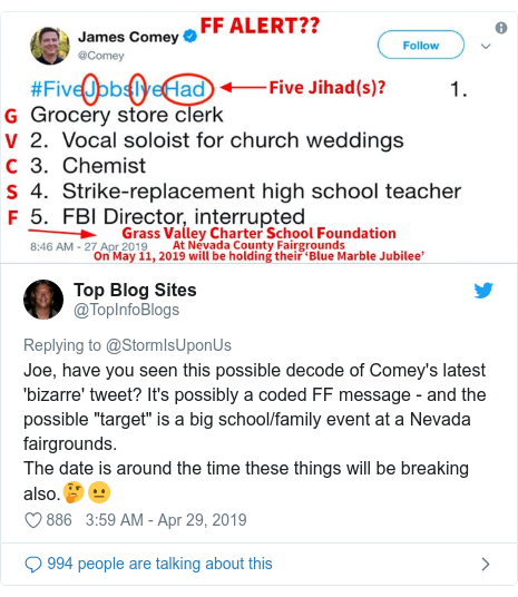 Twitter post by @TopInfoBlogs: Joe, have you seen this possible decode of Comey's latest 'bizarre' tweet? It's possibly a coded FF message - and the possible "target" is a big school/family event at a Nevada fairgrounds.The date is around the time these things will be breaking also.🤔😐 