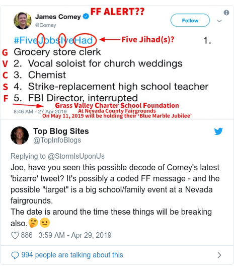 Twitter post by @TopInfoBlogs: Joe, have you seen this possible decode of Comey's latest 'bizarre' tweet? It's possibly a coded FF message - and the possible "target" is a big school/family event at a Nevada fairgrounds.The date is around the time these things will be breaking also.?? 