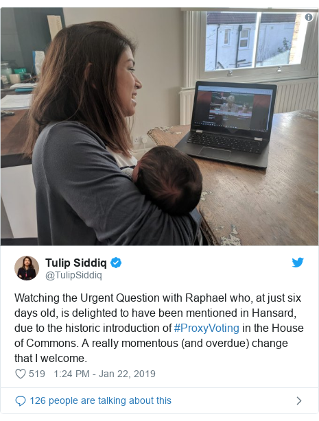 Twitter post by @TulipSiddiq: Watching the Urgent Question with Raphael who, at just six days old, is delighted to have been mentioned in Hansard, due to the historic introduction of #ProxyVoting in the House of Commons. A really momentous (and overdue) change that I welcome. 