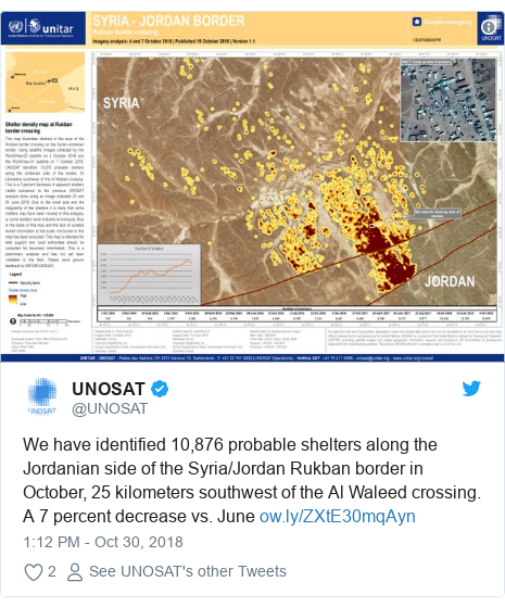 Twitter post by @UNOSAT: We have identified 10,876 probable shelters along the Jordanian side of the Syria/Jordan Rukban border in October, 25 kilometers southwest of the Al Waleed crossing. A 7 percent decrease vs. June  