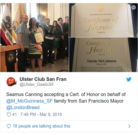 Twitter post by @Ulster_GaelicSF: Seamus Canning accepting a Cert. of Honor on behalf of @M_McGuinness_SF family from San Francisco Mayor @LondonBreed 