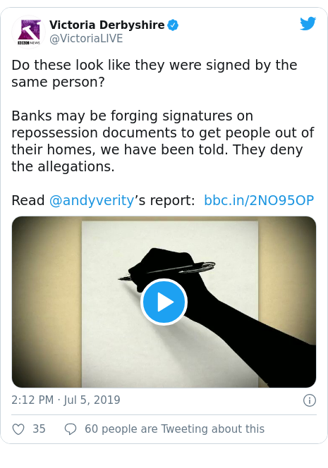 Twitter post by @VictoriaLIVE: Do these look like they were signed by the same person?Banks may be forging signatures on repossession documents to get people out of their homes, we have been told. They deny the allegations.Read @andyverity’s report    