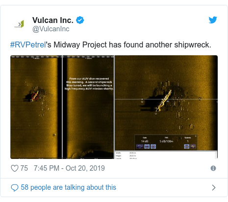 Twitter post by @VulcanInc: #RVPetrel's Midway Project has found another shipwreck. 