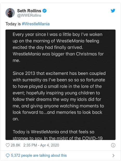 Twitter post by @WWERollins: Today is #WrestleMania 