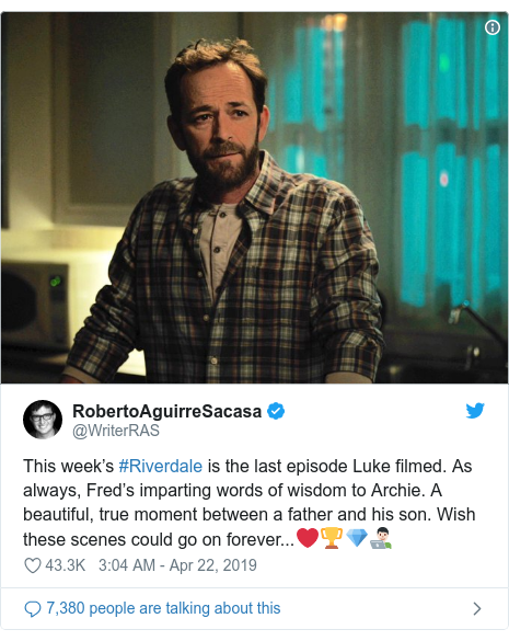 Twitter post by @WriterRAS: This week’s #Riverdale is the last episode Luke filmed. As always, Fred’s imparting words of wisdom to Archie. A beautiful, true moment between a father and his son. Wish these scenes could go on forever...❤️🏆💎👨🏻‍💻 